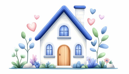 Charming cartoon house with blue roof, surrounded by hearts and plants AI generative