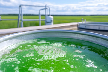 Close-up of a large metal tank filled with bright green liquid, bubbles visible on the surface, outdoors against a backdrop of a green field AI generative