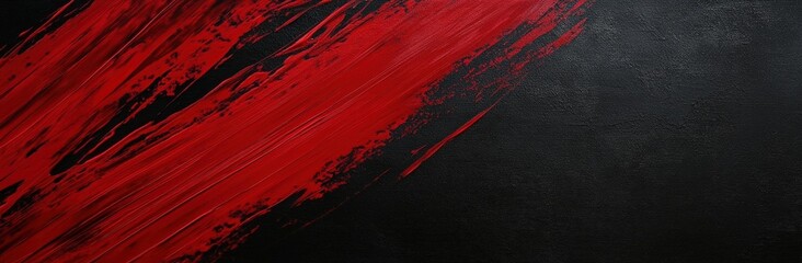 An abstract artwork featuring bold red strokes on a textured black background, creating a striking contrast and dynamic visual appeal.