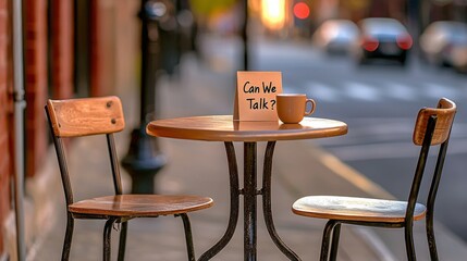 An inviting outdoor caf&eacute; scene featuring a table and two chairs, with a cup and a note reading 'Can We Talk?'.