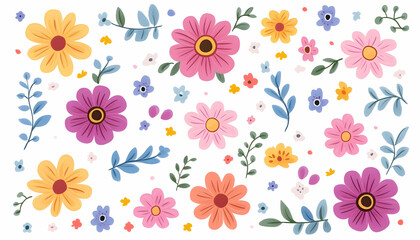 Colorful floral pattern with various flowers and leaves on white background AI generative