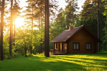 Obraz premium A cozy wooden cabin nestled among tall trees, bathed in warm sunlight, surrounded by lush green grass and a serene natural landscape.