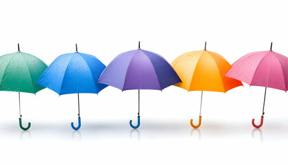 Colorful umbrellas in a row on white background AI generative