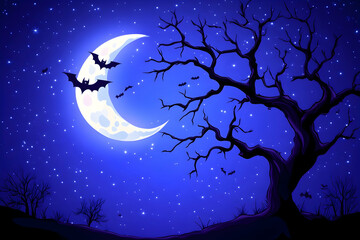 Naklejka premium Crescent moon, bare tree, bats, starry night, Halloween AI generative