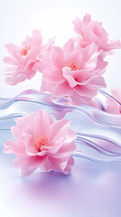 Delicate pink flowers float on a translucent, wavy surface AI generative