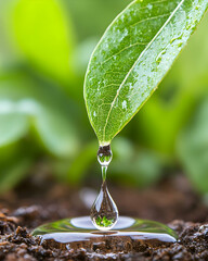 Dewdrop falling onto rich soil, nourishing a vibrant green leaf AI generative