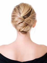 Fototapeta premium Elegant twisted blonde updo hairstyle on a woman's neck AI generative
