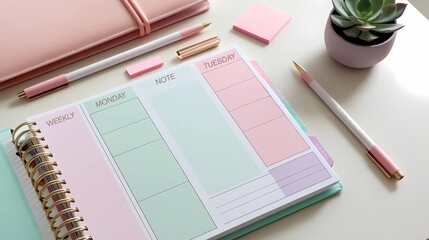 Pastel weekly planner with gold pens and sticky notes