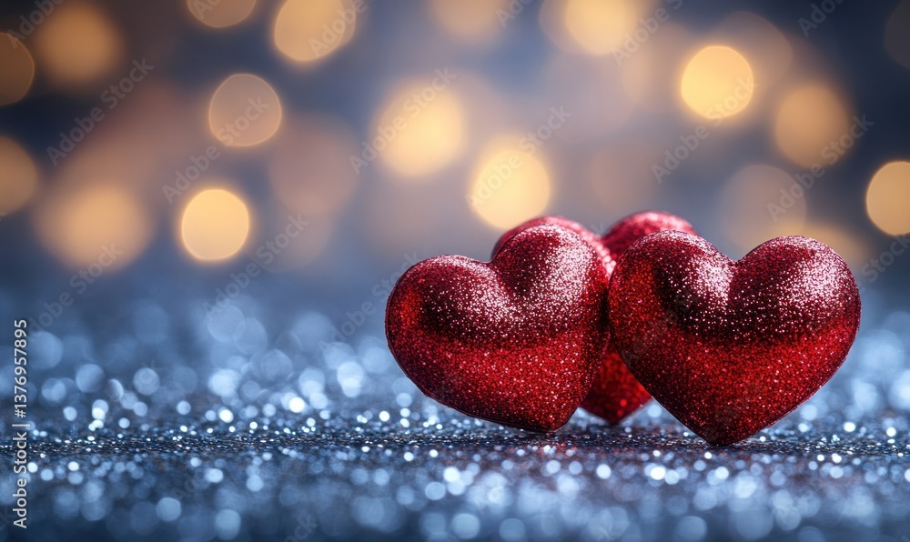Poster three sparkling red hearts rest on a shimmering surface, softly illuminated by a bokeh backdrop
