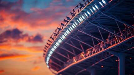 Illuminated stadium roof against a vibrant sunset sky.