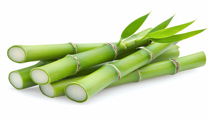 Obraz premium Fresh green bamboo stalks with leaves, isolated on white AI generative