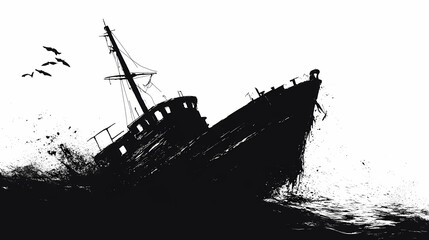 Black silhouette of an old, decaying shipwreck, tilted and isolated, a ghostly relic. Whispering Relic. Illustration