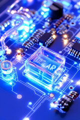 Fototapeta premium Futuristic glowing chip on circuit board AI generative