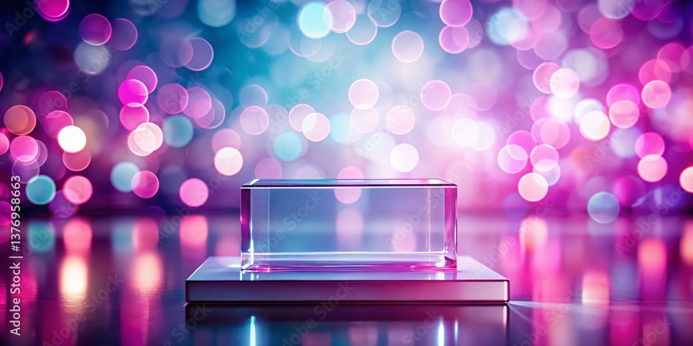 Poster elegant pink bokeh background with empty glass podium display stand for product presentation