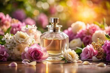 Elegant Perfume Bottle with Delicate Flowers - Luxurious Fragrance Still Life