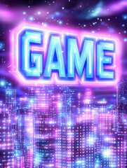 Glowing "GAME" text over a vibrant futuristic cityscape at night AI generative