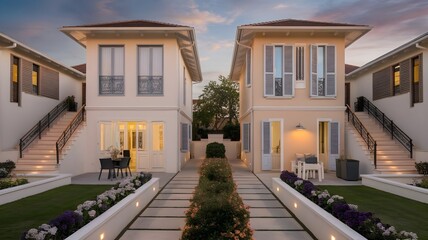Symmetrical elegance: Twin homes framed by manicured lawns and illuminated walkways exude modern charm under a tranquil sky.
