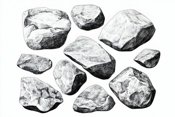 Graphite sketch of various grey stones, isolated on white AI generative