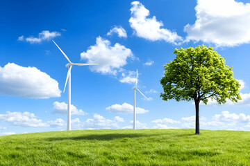 Green energy, wind turbines, and tree on grassy hill under blue sky AI generative