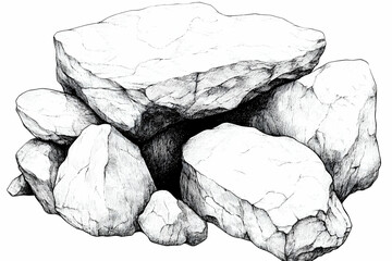 Hand-drawn illustration of a pile of rough, textured rocks forming a small shelter AI generative