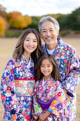 Happy Asian family in matching floral kimonos outdoors AI generative