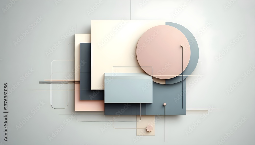 Poster abstract minimalist background featuring geometric shapes in soft pastel colors, creating a sleek an