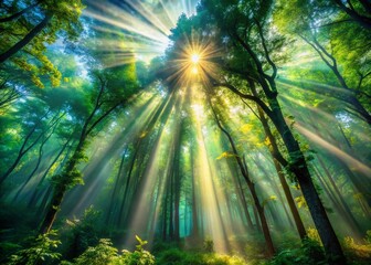 Ethereal Sunlight Filtering Through Ancient Forest Canopy - Surreal Dreamlike Nature Photography