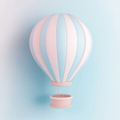 Obraz premium Floating in the sky, a pastel hot air balloon ascends against a soft blue background, capturing the essence of whimsy and adventure, perfect for a children's room decoration, birthday celebrations, or