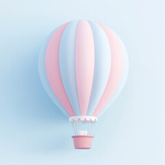 Naklejka premium Colorful hot air balloon floating against a soft blue background with pastel pink and blue stripes, creating a whimsical atmosphere for dreamers and adventurers alike