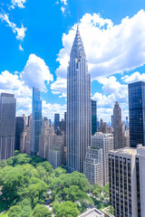 Iconic skyscraper amidst cityscape, green park below, bright sunny day AI generative