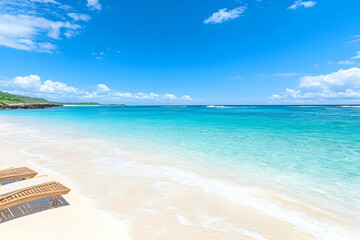 Fototapeta premium Idyllic beach scene with lounge chairs, clear turquoise water, and white sand under a vibrant blue sky AI generative