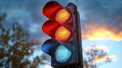 Traffic signal at sunset, red and amber lights illuminated. Blue light is off.  Trees and sky visible in background