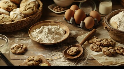 Rustic Kitchen with Baking Essentials: Flour, Eggs, and Cookies