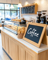 Light wood counter in bakery cafe displays pastries & coffee menu AI generative