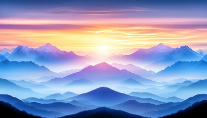 Obraz premium Majestic sunrise over a vast, layered mountain range, bathed in pastel hues AI generative