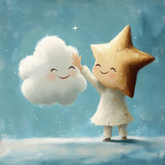  a star giving a high-five to a smiling cloud. 
