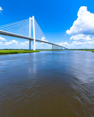 Modern cable-stayed bridge spanning a wide river under a vibrant blue sky with fluffy clouds AI generative
