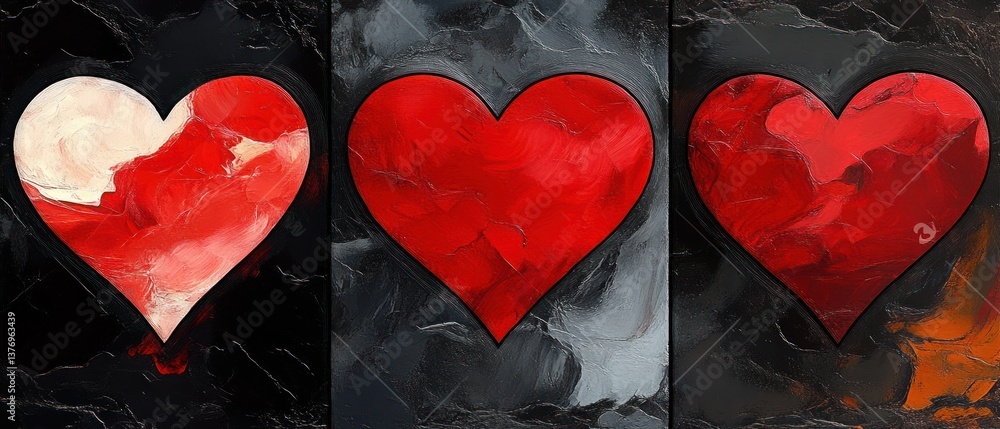Poster triptych of abstract hearts on dark background. shades of red and white create a textured, expressiv