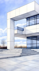 Fototapeta premium Modern white building exterior with glass windows, stairs, and blue sky AI generative