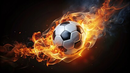 Fototapeta premium Fiery Soccer Ball: Double Exposure 3D Render of a Flaming Animated Soccer Ball Rotating on Black Background