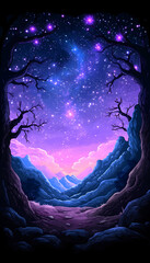 Fototapeta premium Mystical night scene with starry sky over purple mountains and trees AI generative