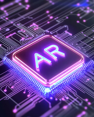 Neon AR letters glowing on a microchip circuit board AI generative
