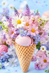 Pink ice cream in a waffle cone, nestled amongst a vibrant bouquet of spring flowers AI generative