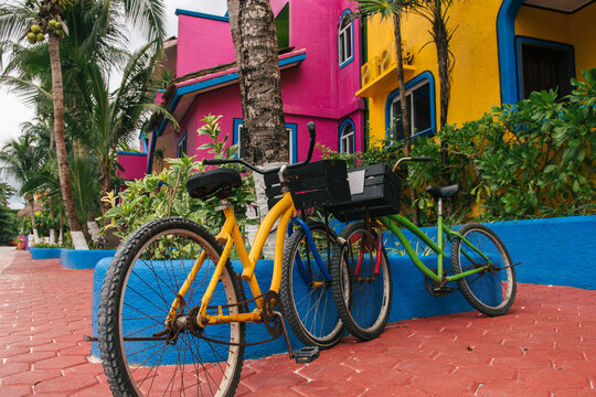 Colorful Seafront Building with Bicycles in Akumal