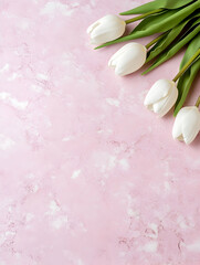 Pink marble background with white tulips in corner AI generative