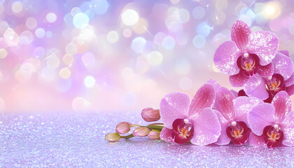 Pink orchids with water droplets on a sparkling background AI generative