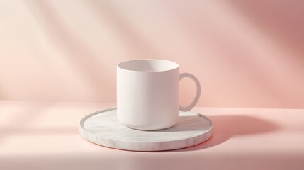 A white mug on a marble plate, with a pastel background and soft lighting. The background has a gradient effect
