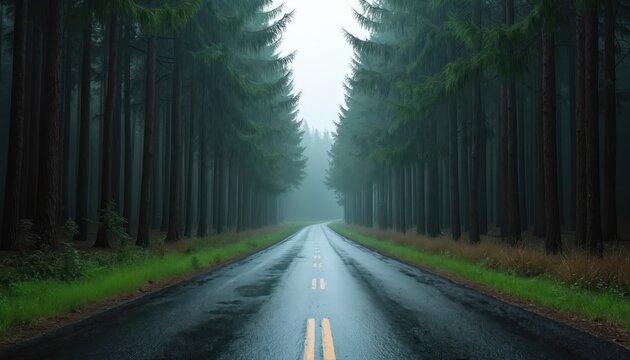 Paved road through dense pine forest after rain. Tall trees form an alley. Asphalt wet road with yellow markings, leading to the misty horizon. Nature landscape after rain.