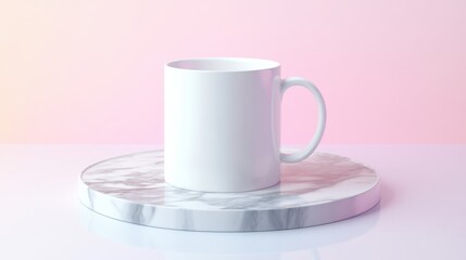 A white mug on a marble plate, with a pastel background and soft lighting. The background has a gradient effect