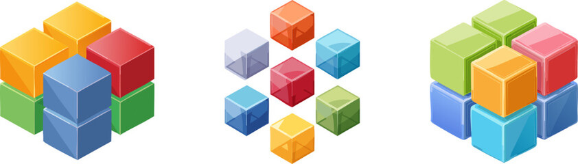 Fototapeta premium Isometric Cubes: A set of vibrant, multi-colored isometric cubes, creating captivating patterns and geometric compositions, perfect for visual content and design projects.